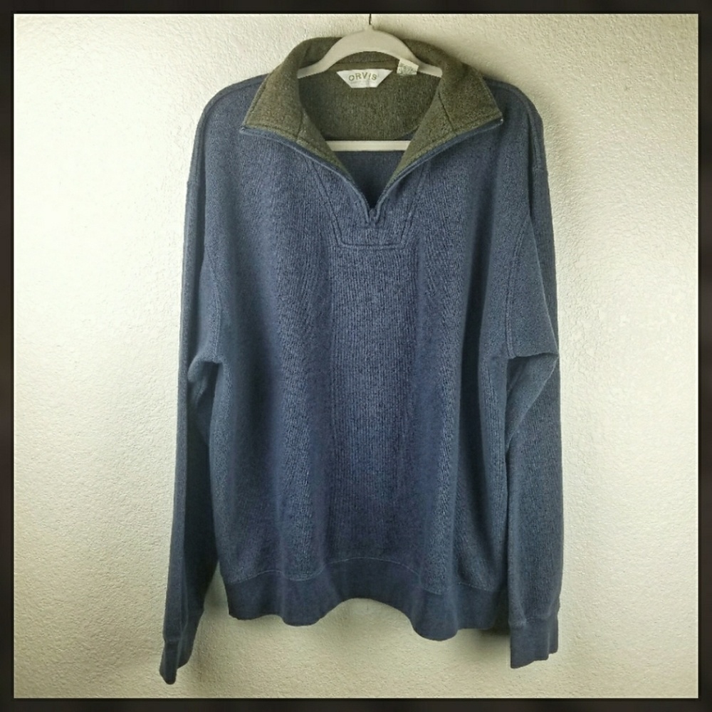 Orvis Cotton Quarter-Zip Pullover Blue & Green XL